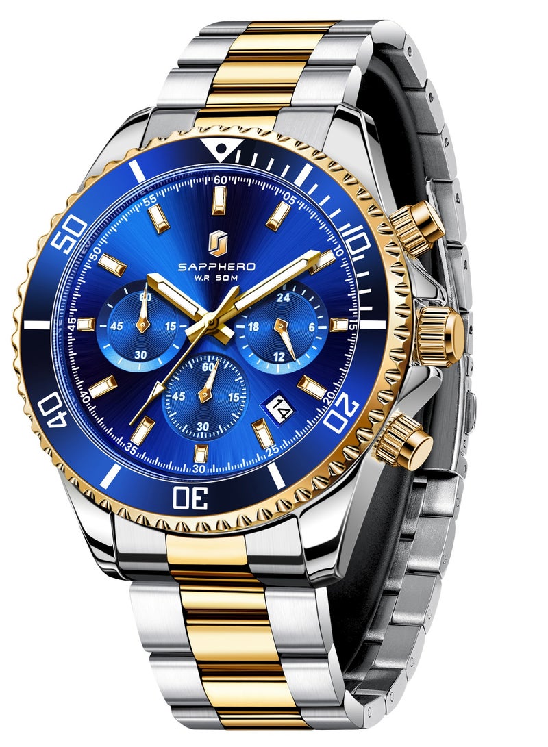 سافيرو ساعة سابفيرو كرونوغراف رجالية من الفولاذ المقاوم للصدأ، مقاومة للماء حتى عمق 50 مترًا، ساعة كوارتز تناظرية مع عرض التاريخ، ساعة كلاسيكية فاخرة وأنيقة، هدية مثالية للرجال. - Image 1